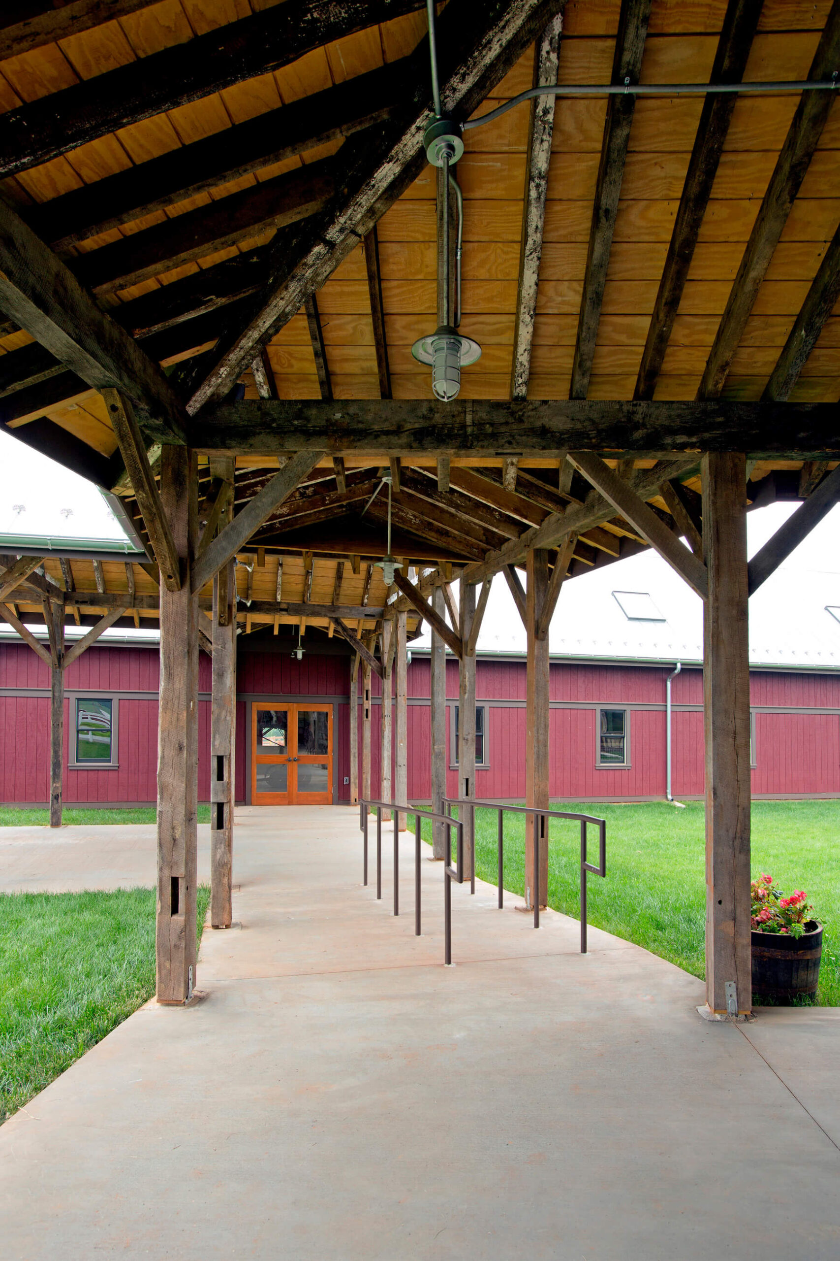 Timbers adapted from an abandoned Leesburg barn reused for Temple Hall colonnade